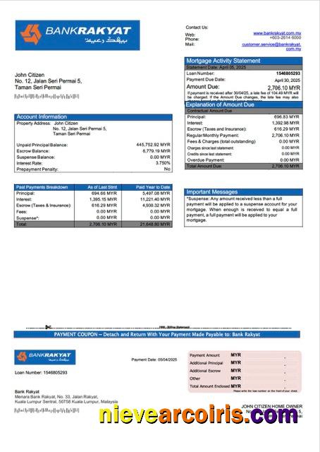 Malaysia Bank Rakyat mortgage statement Word and PDF template